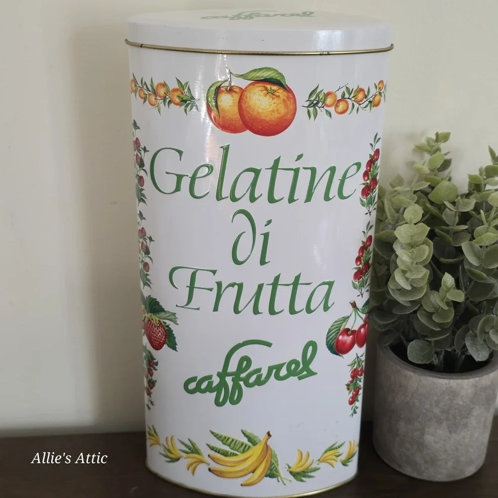 Caffarel Gelatine Metal Vtg Decorative Fruit Cookie Tin Canister Decor Italy 11